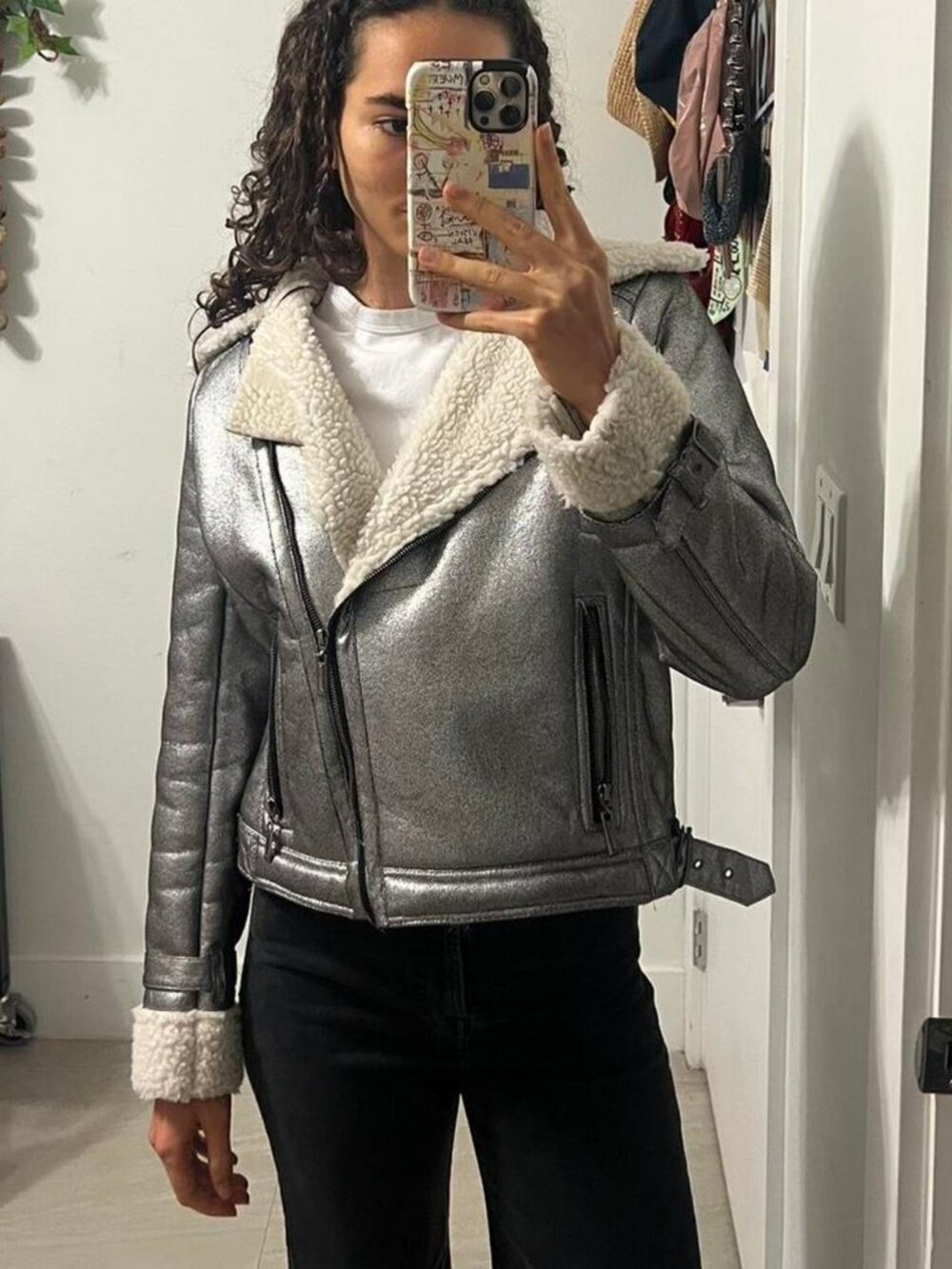 JouJou Silver faux leather jacket with a furry collar and shearling inside